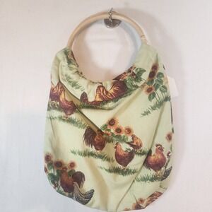 Handmade Rooster Sunflower Print Hobo Bag Wooden Ring‎ Handle Boho Tote